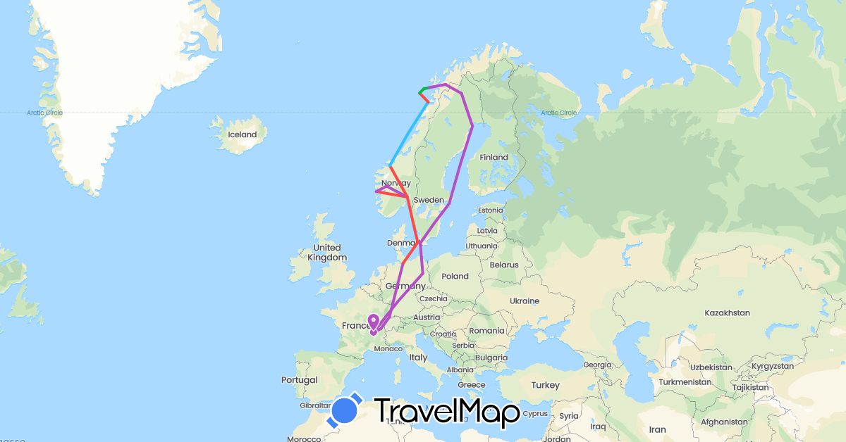 TravelMap itinerary: driving, bus, train, hiking, boat in Switzerland, Germany, Denmark, France, Norway, Sweden (Europe)